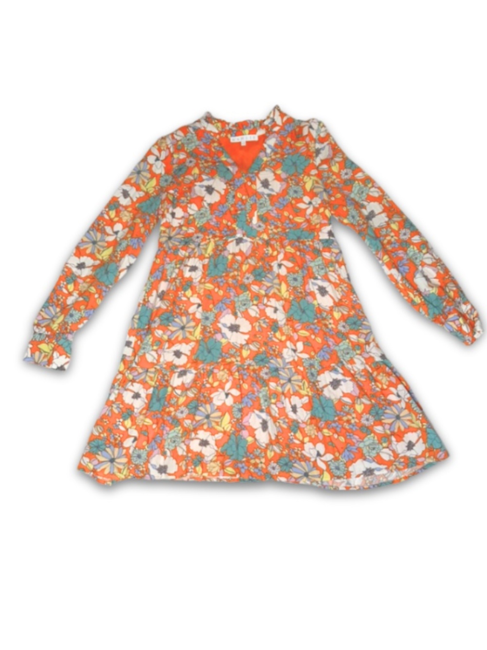 Karlie Orange Floral Tiered Mini Dress Small Long Sleeve Boho Retro